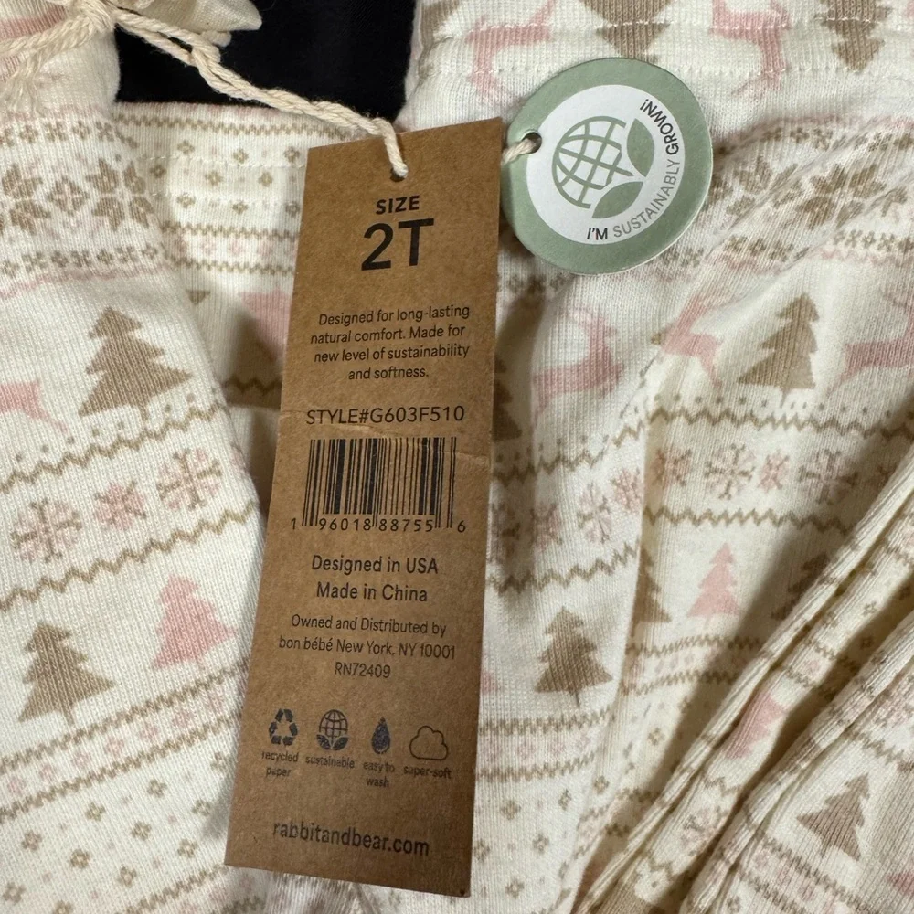 NWT Rabbit + Bear Organic Cotton 2T Fair Isle Deer Pajamas